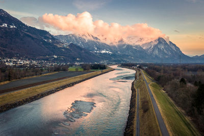 Aerial view of landscape and mountains against sky