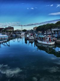 Boats moored at harbor