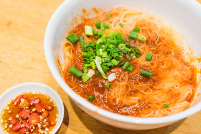 High angle view of soup in bowl on table