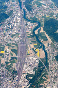 High angle view of road amidst buildings in city