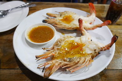 High angle view of meal served on table