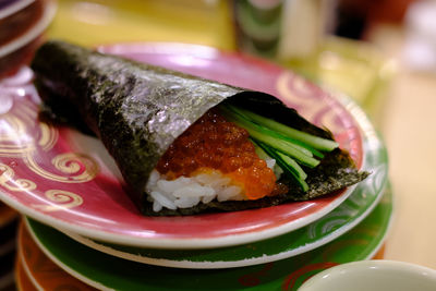 Close-up of sushi served in plate