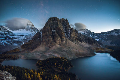 Scenic view of snowcapped mountains against sky at night