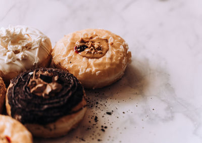 High angle view of donuts on table