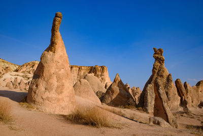 Panoramic view of rock formations against clear blue sky
