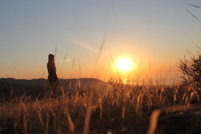 Silhouette man standing on land against sky during sunset