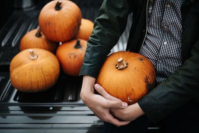 High angle view of pumpkins in pumpkin during halloween