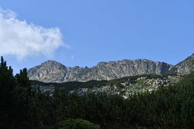 Scenic view of landscape and mountains against blue sky