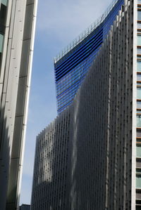 Low angle view of modern buildings against sky in city