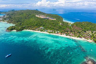 High angle view of sea and shore against sky