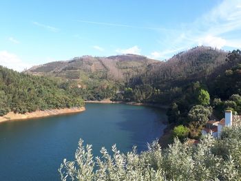 Scenic view of lake and mountains against sky