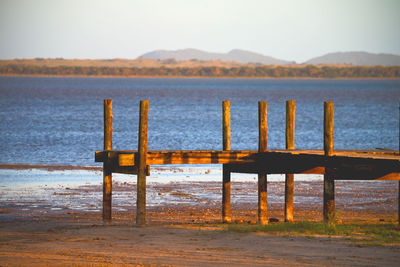 Wooden posts on beach against clear sky