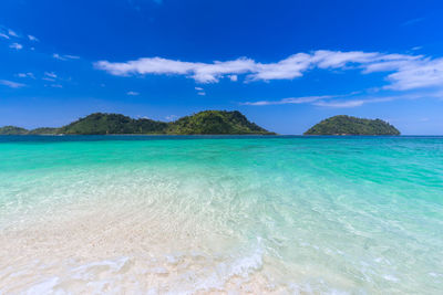 Scenic view of sea against blue sky