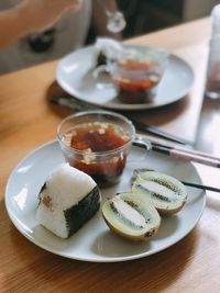 High angle view of dessert in plate on table