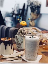 Close-up of cake served on table