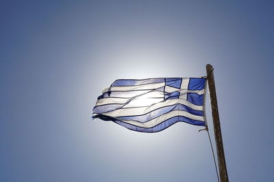 Low angle view of flag against clear blue sky