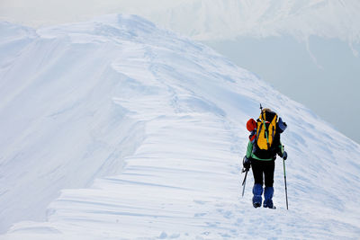 Rear view of person climbing mountain in winter