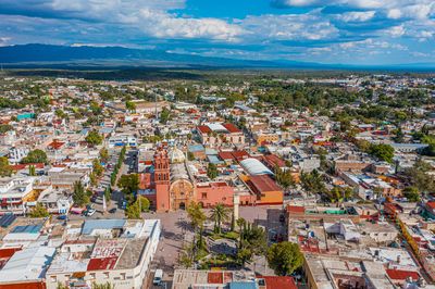 High angle view of townscape against sky