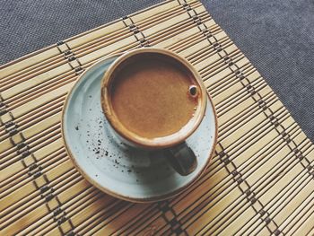 High angle view of coffee cup on table