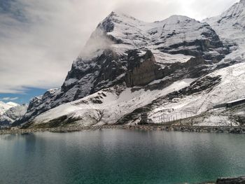 Scenic view of snowcapped mountains and lake against sky