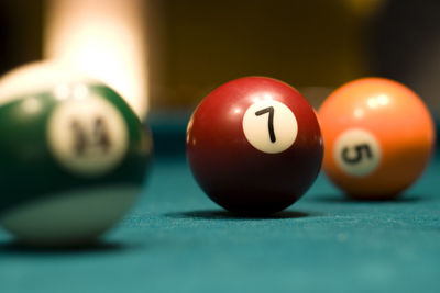 Close-up of balls on pool table