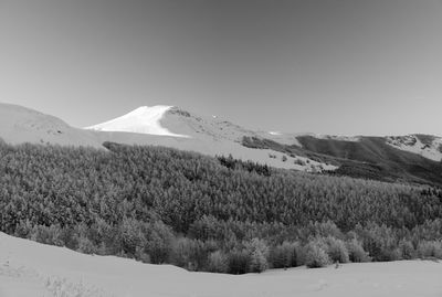Scenic view of snowcapped mountains against clear sky