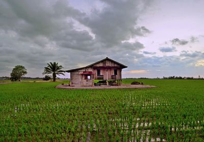 House on agricultural field against sky