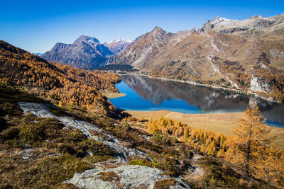 Scenic view of lake and mountains against blue sky