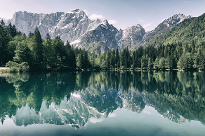 Scenic view of lake and mountains against sky