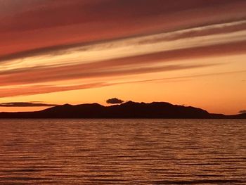 Scenic view of sea against romantic sky at sunset