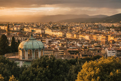 High angle view of townscape against sky at sunset