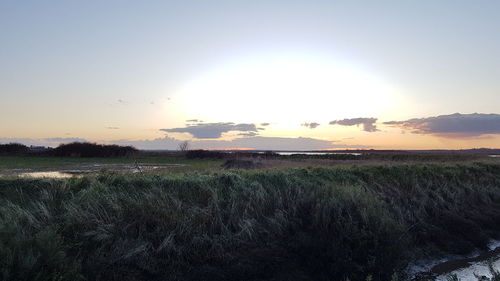 Scenic view of land against sky during sunset