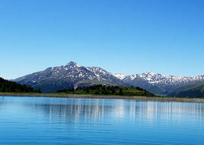 Scenic view of lake and snowcapped mountains against clear blue sky