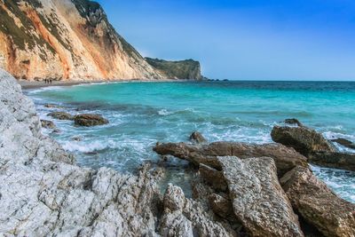 Scenic view of sea against blue sky