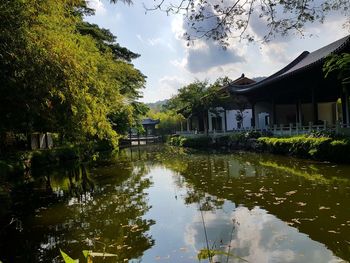 Scenic view of lake by building against sky