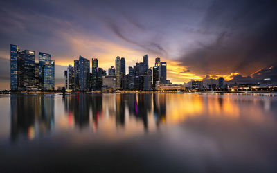 Reflection of buildings in city at sunset