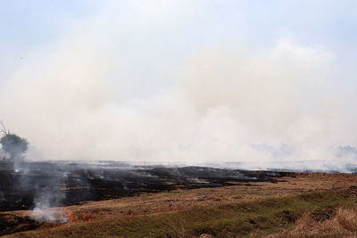 Smoke emitting from volcanic landscape against sky