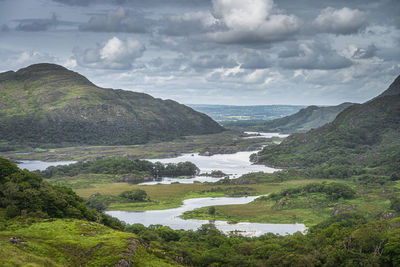 Ladies view, closeup on lakes, green valley and mountains, killarney, rink of kerry, ireland