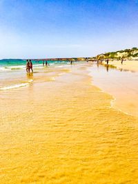 People on beach against clear sky