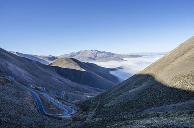 Scenic view of snowcapped mountains against clear blue sky