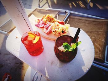 High angle view of food served on table