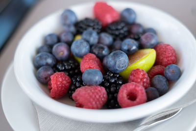 High angle view of strawberries in bowl