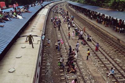 High angle view of people on road