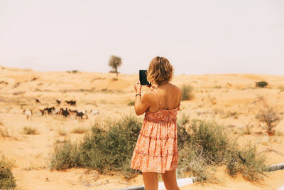 A young woman takes a photo of a herd of goats grazing in the desert on her phone