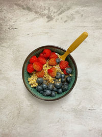 Directly above shot of strawberries in bowl on table