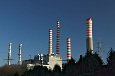 Low angle view of factory against clear blue sky