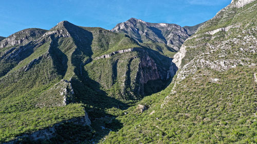 Scenic view of land and mountains against sky