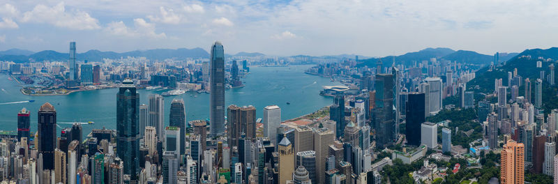 Aerial view of cityscape by bay