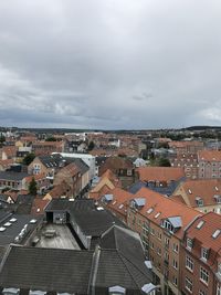 High angle view of buildings in city against sky