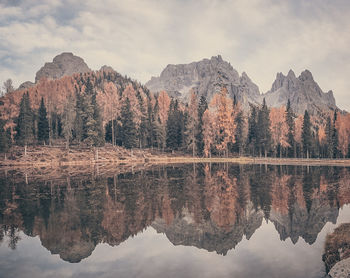 Reflection of autumn larches and dolomitic peaks lake. vintage effect photo